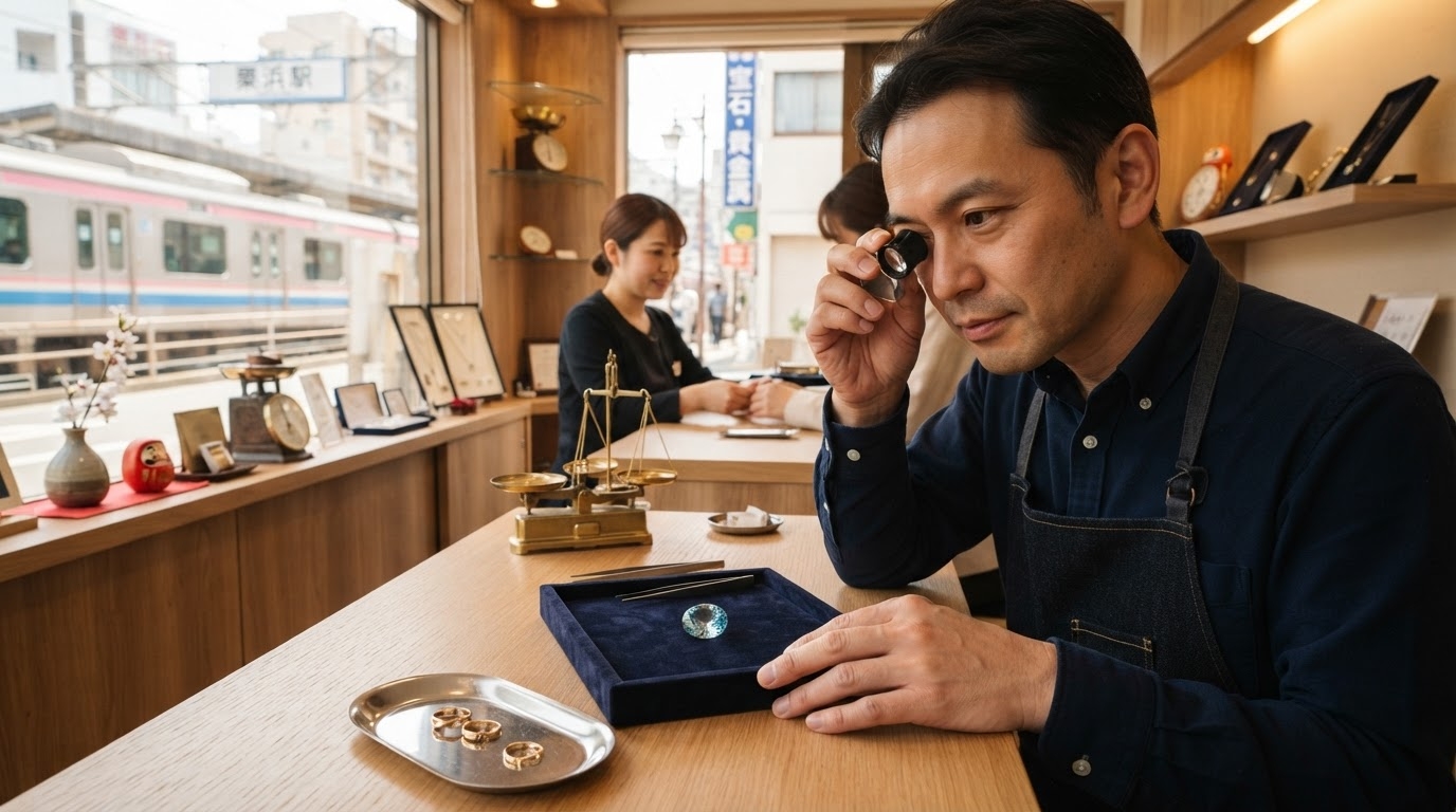 京急久里浜の店頭でルーペを使いアクアマリンの石を確認する鑑定シーン