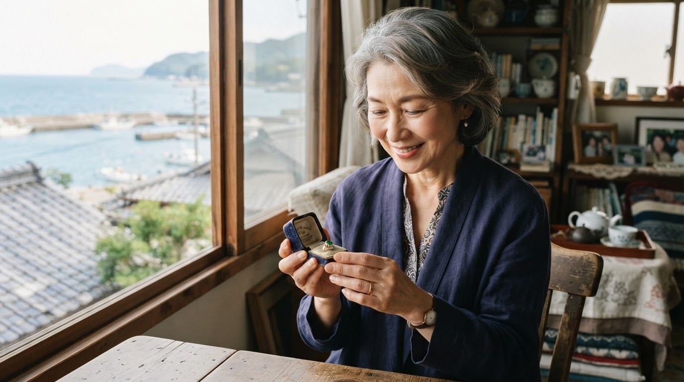 お祖母さまから譲り受けたエメラルドの指輪を小箱から出して手にとり見つめる女性の様子