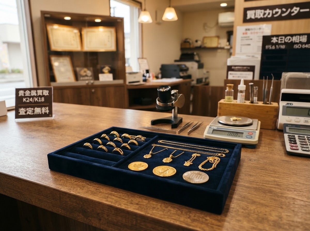 貴金属買取カウンターに並べられた金の指輪やネックレス、金貨と査定道具のイメージ(AI生成)