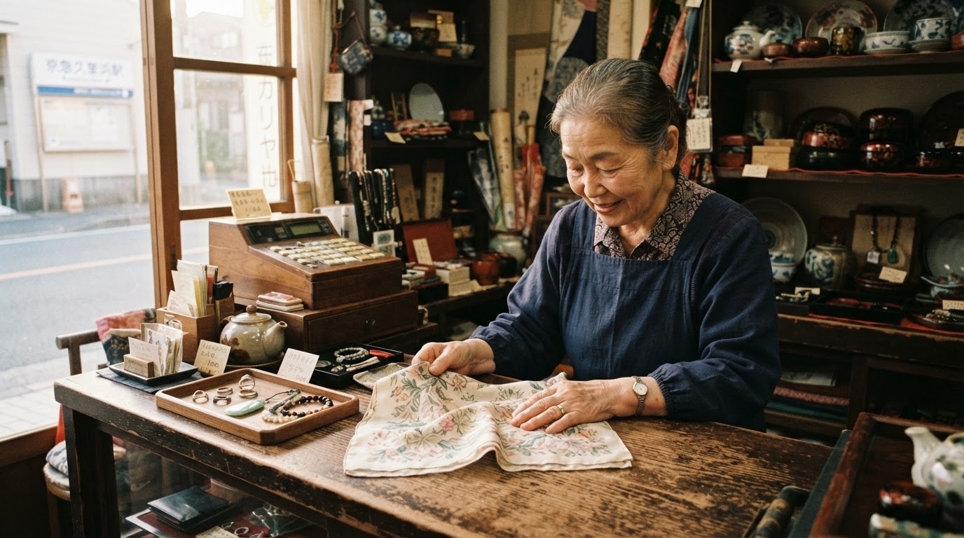 京急久里浜の店頭でシルクスカーフの織り目を丁寧に確認する鑑定シーン